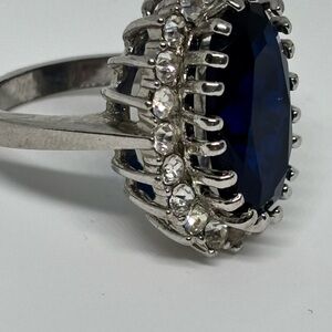 18k White Gold P Created Blue and White Sapphire Halo Ring